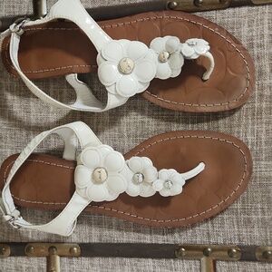 Coach White Floral T-Strap Leather Sandals